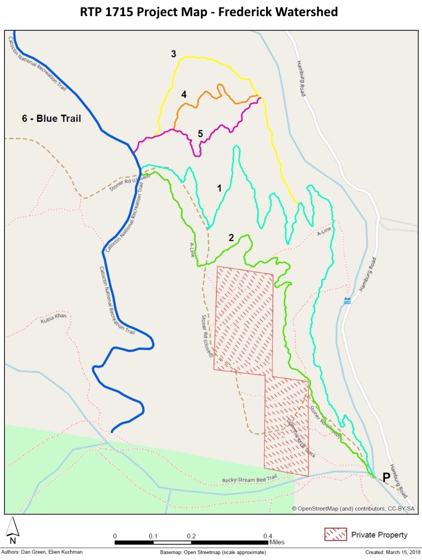 Map of proposed and existing trails and private property in the south Frederick watershed
